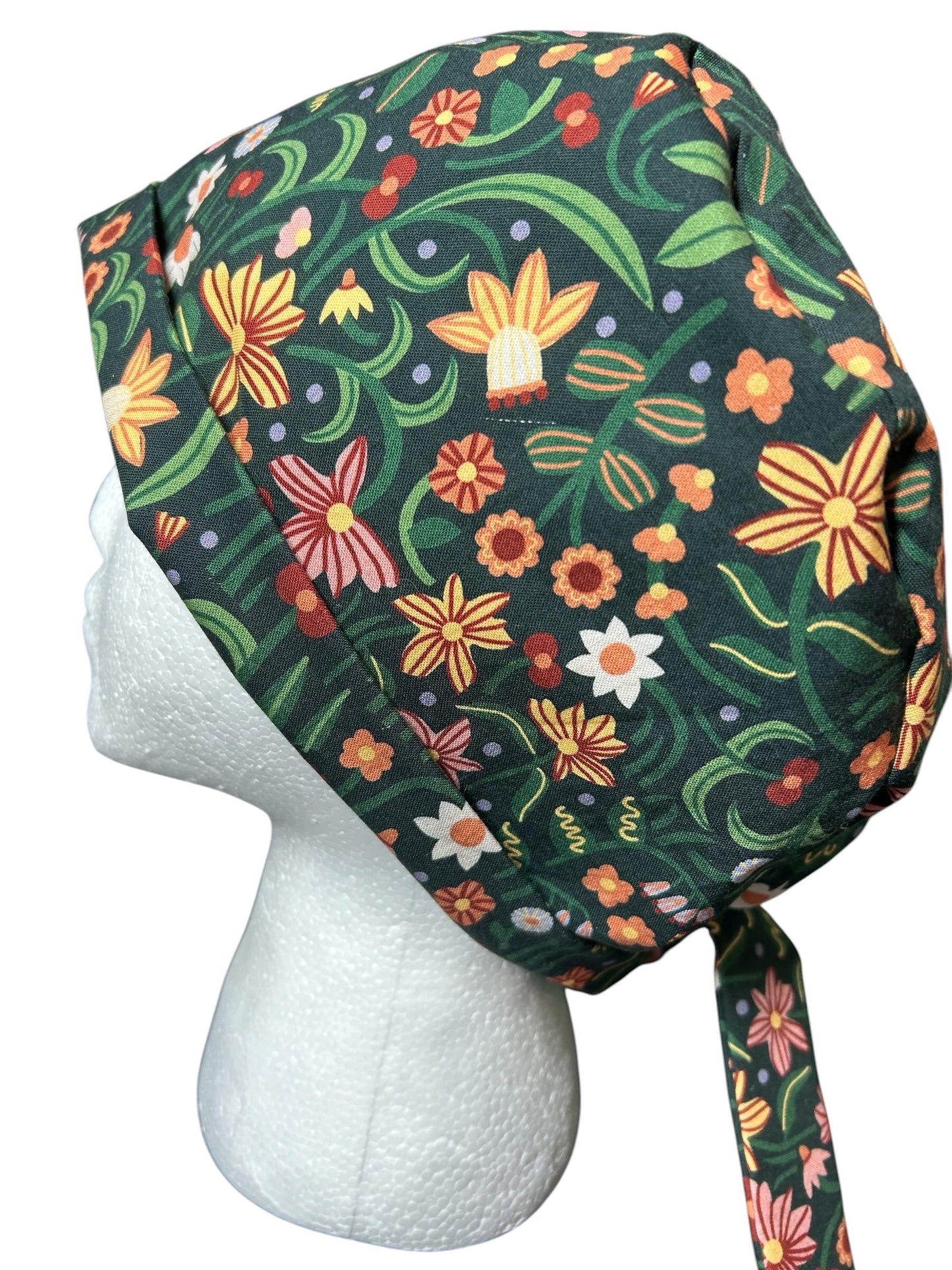 Tie back scrub cap: Green floral print and satin lining option