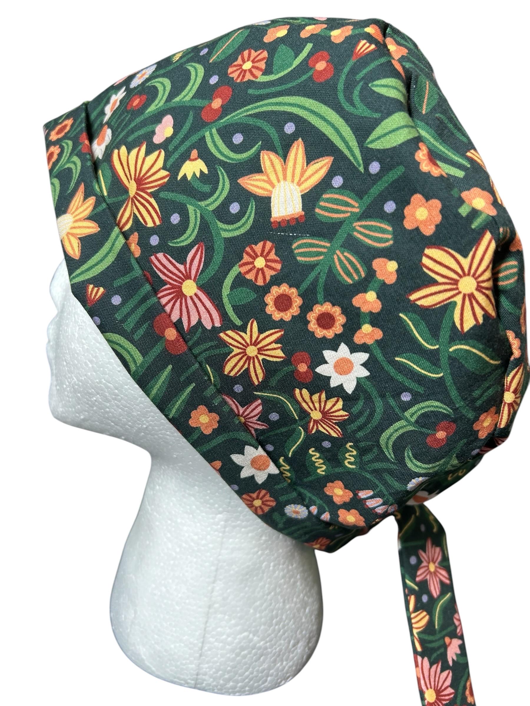 Tie back scrub cap: Green floral print and satin lining option