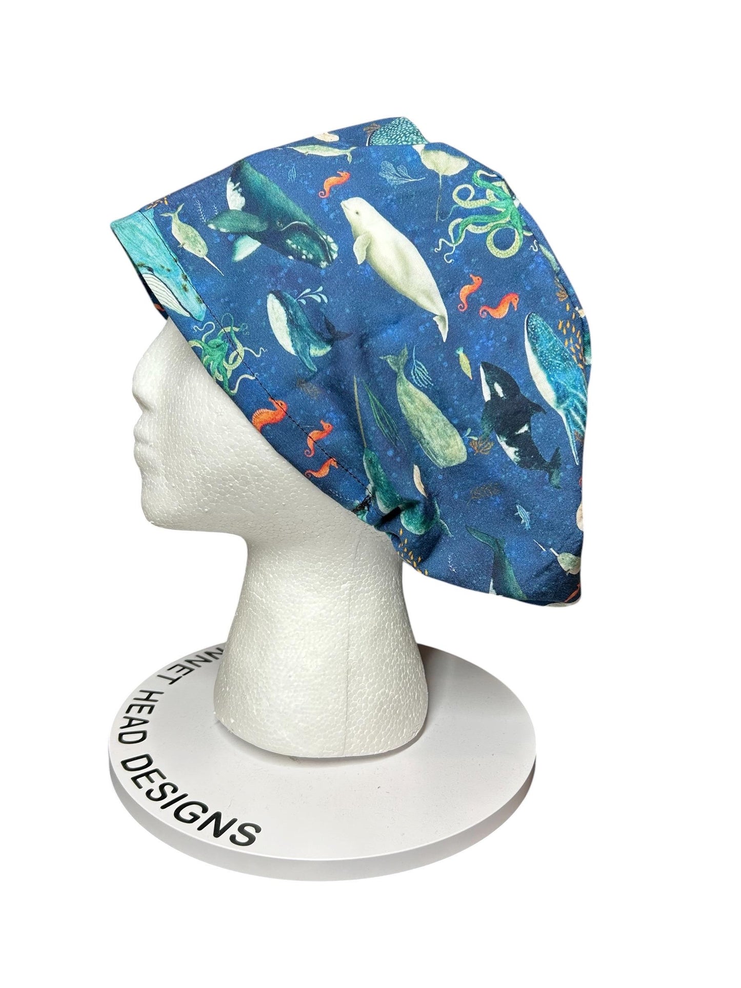 Euro scrub caps: whale shark ocean print with adjustable toggle and elastic