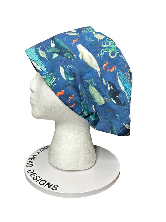 Euro scrub caps: whale shark ocean print with adjustable toggle and elastic