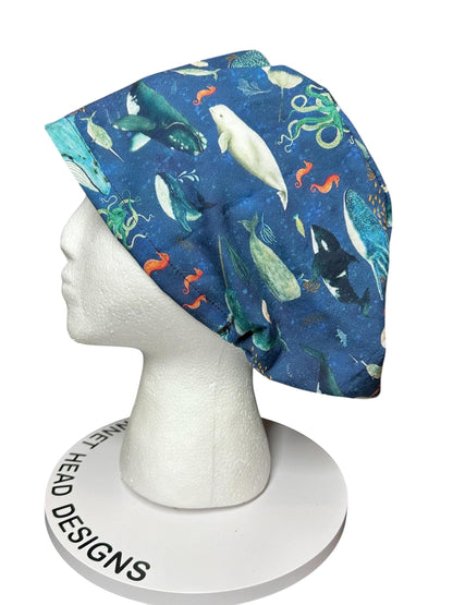 Euro scrub caps: whale shark ocean print with adjustable toggle and elastic