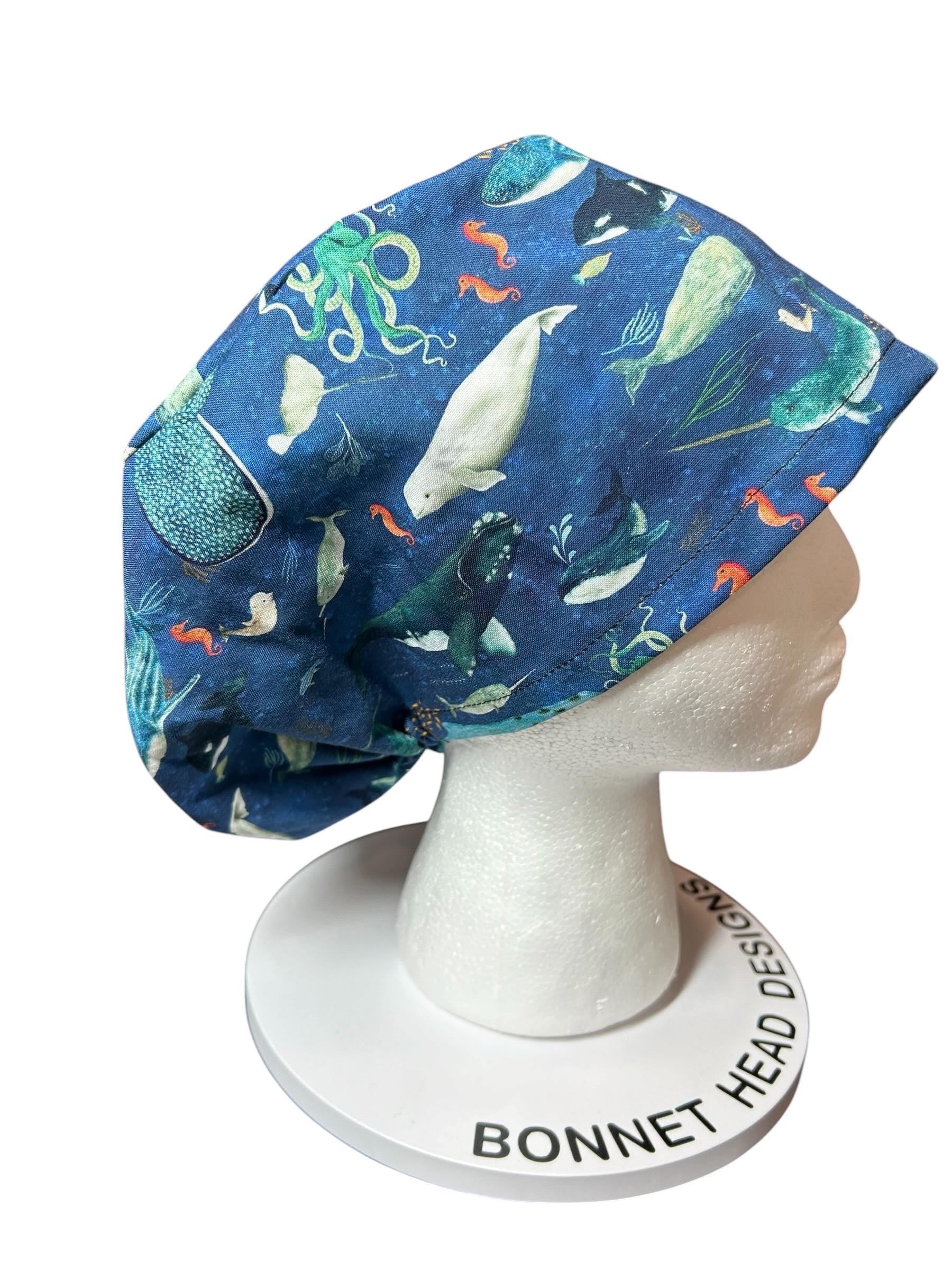 Euro scrub caps: whale shark ocean print with adjustable toggle and elastic