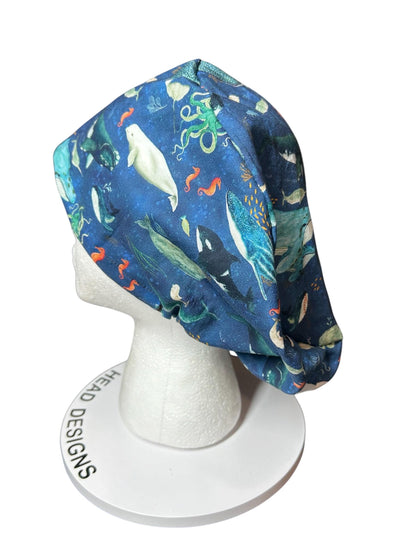Euro scrub caps: whale shark ocean print with adjustable toggle and elastic