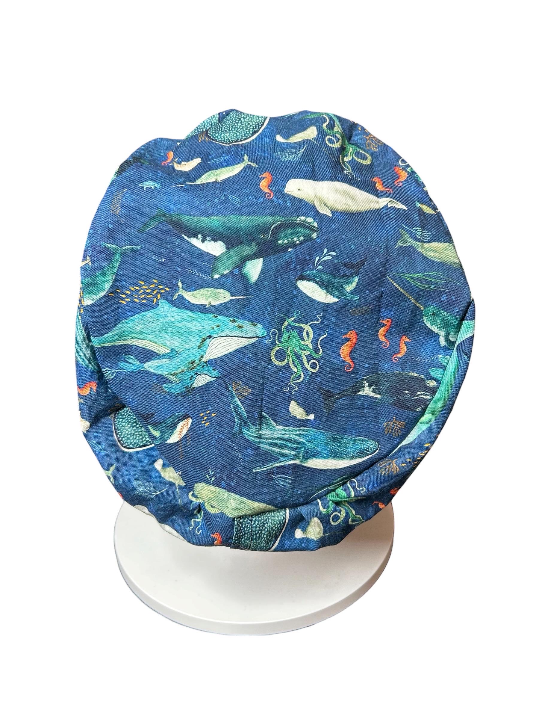 Euro scrub caps: whale shark ocean print with adjustable toggle and elastic