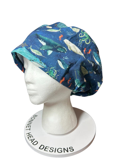 Euro scrub caps: whale shark ocean print with adjustable toggle and elastic