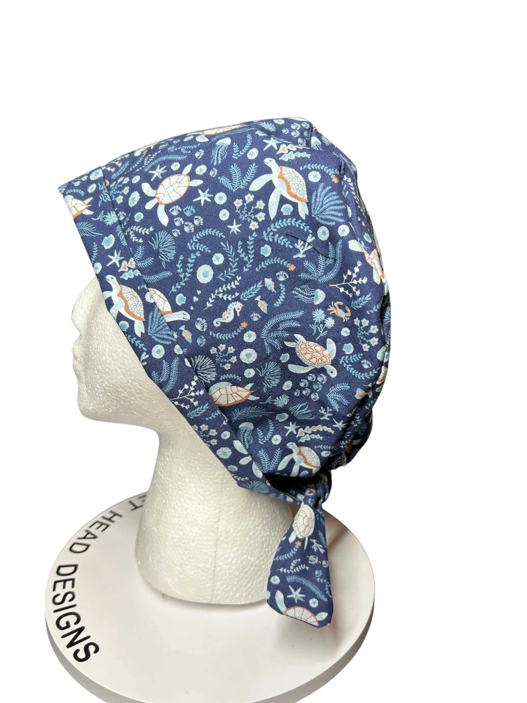 Sea Turtle Scrub cap: pixie style bonnet for short or medium hair