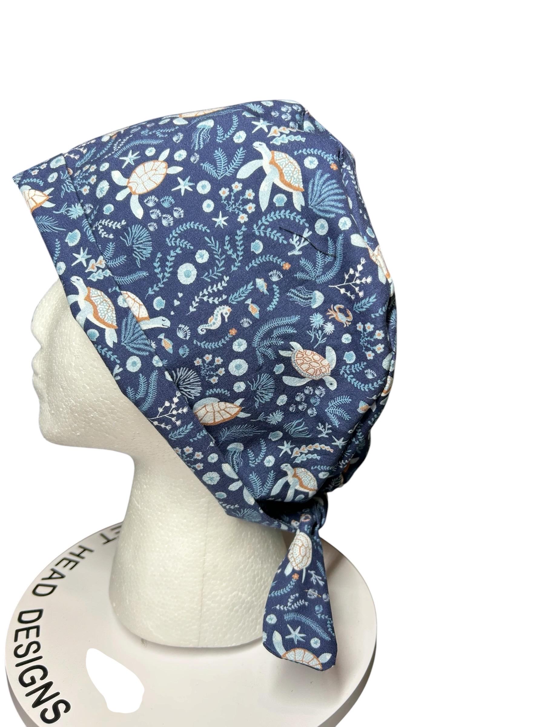 Sea Turtle Scrub cap: pixie style bonnet for short or medium hair