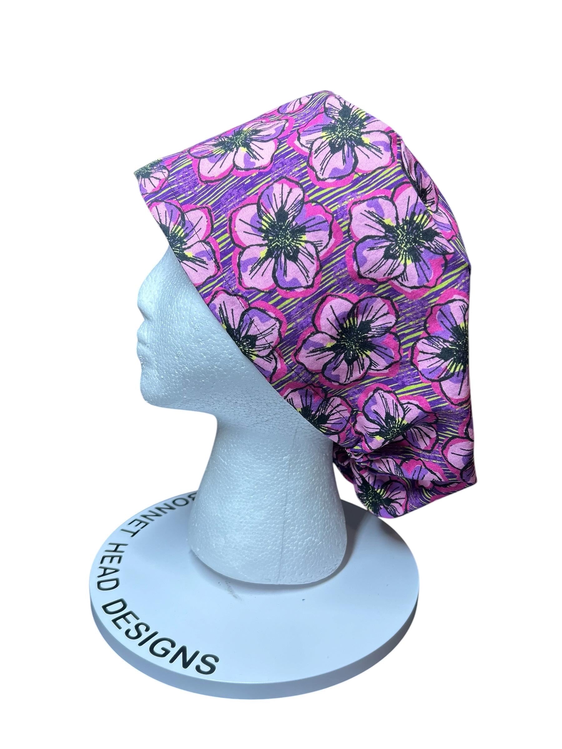 Floral Euro Scrub Cap: Purple flower print nurse hat with toggle