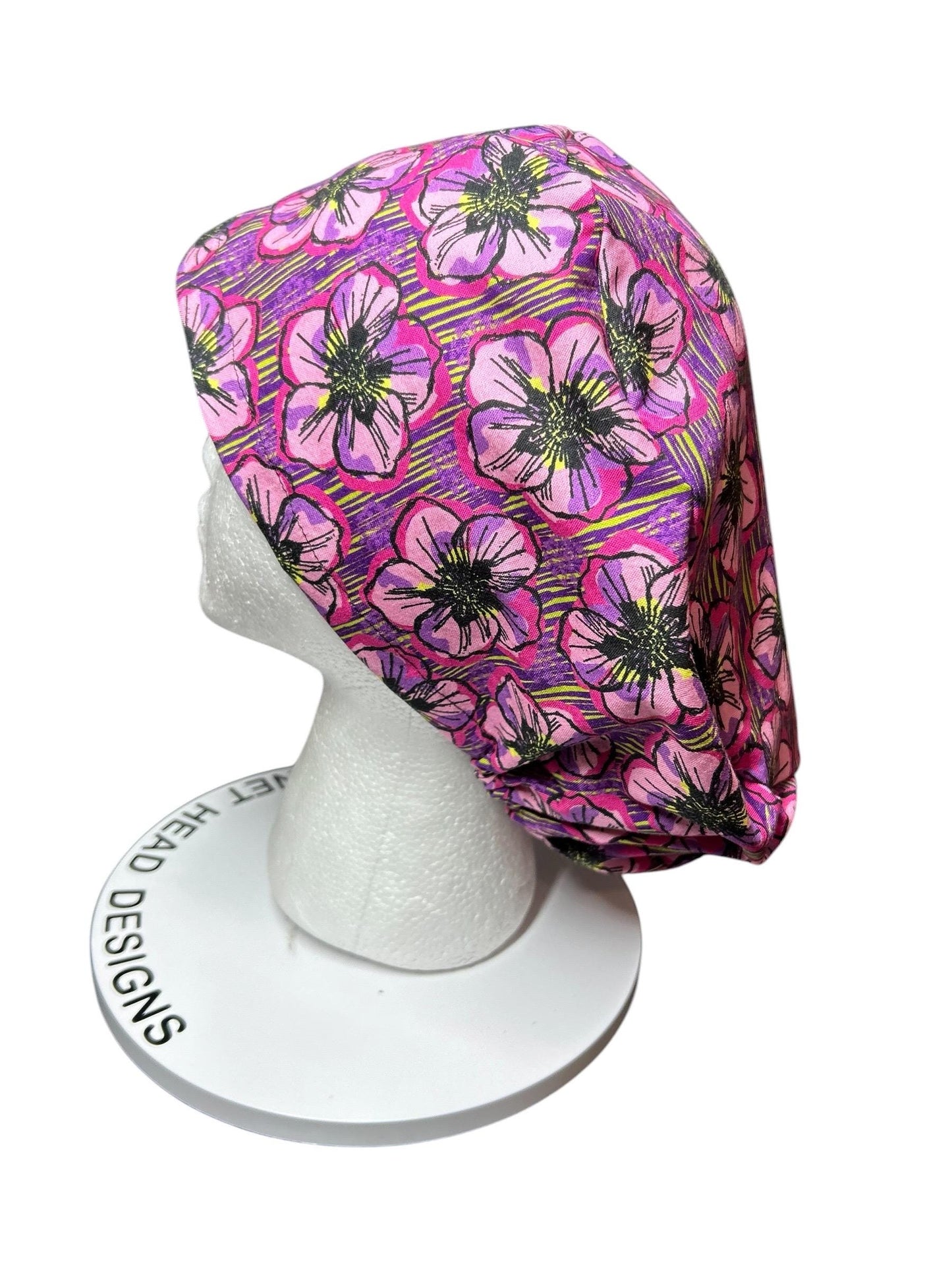 Floral Euro Scrub Cap: Purple flower print nurse hat with toggle