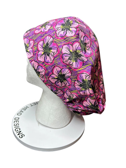 Floral Euro Scrub Cap: Purple flower print nurse hat with toggle