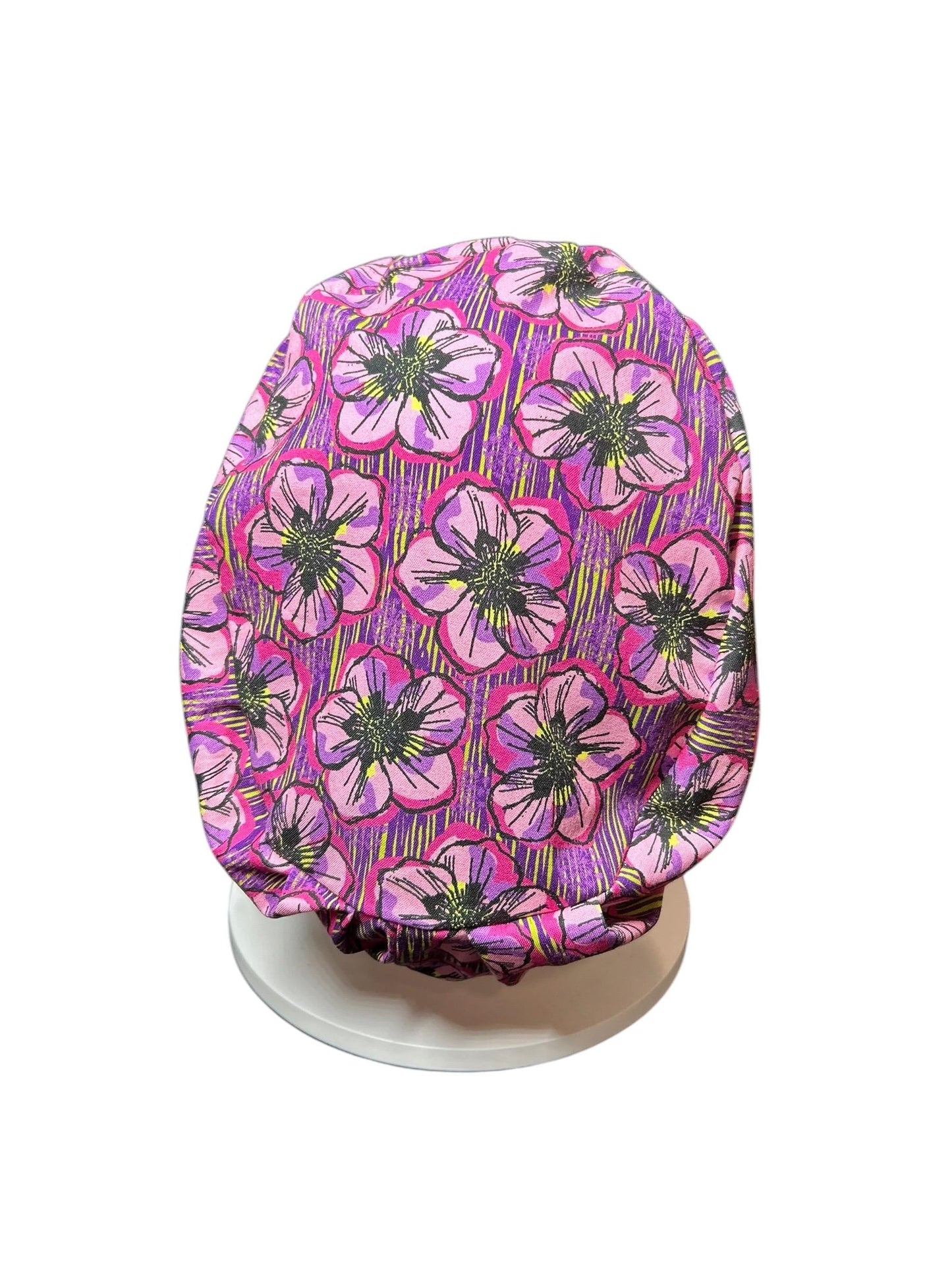 Floral Euro Scrub Cap: Purple flower print nurse hat with toggle