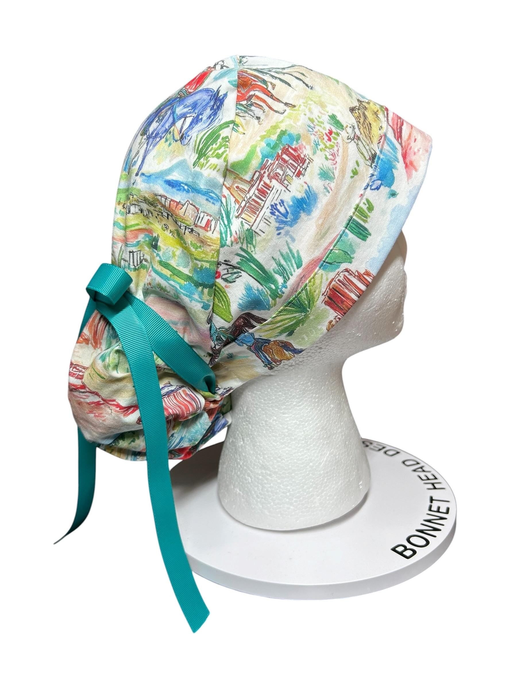 Western Watercolor ponytail scrub cap