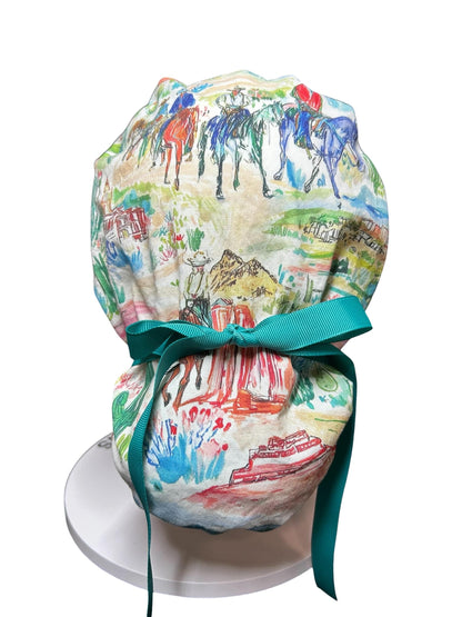 Western Watercolor ponytail scrub cap