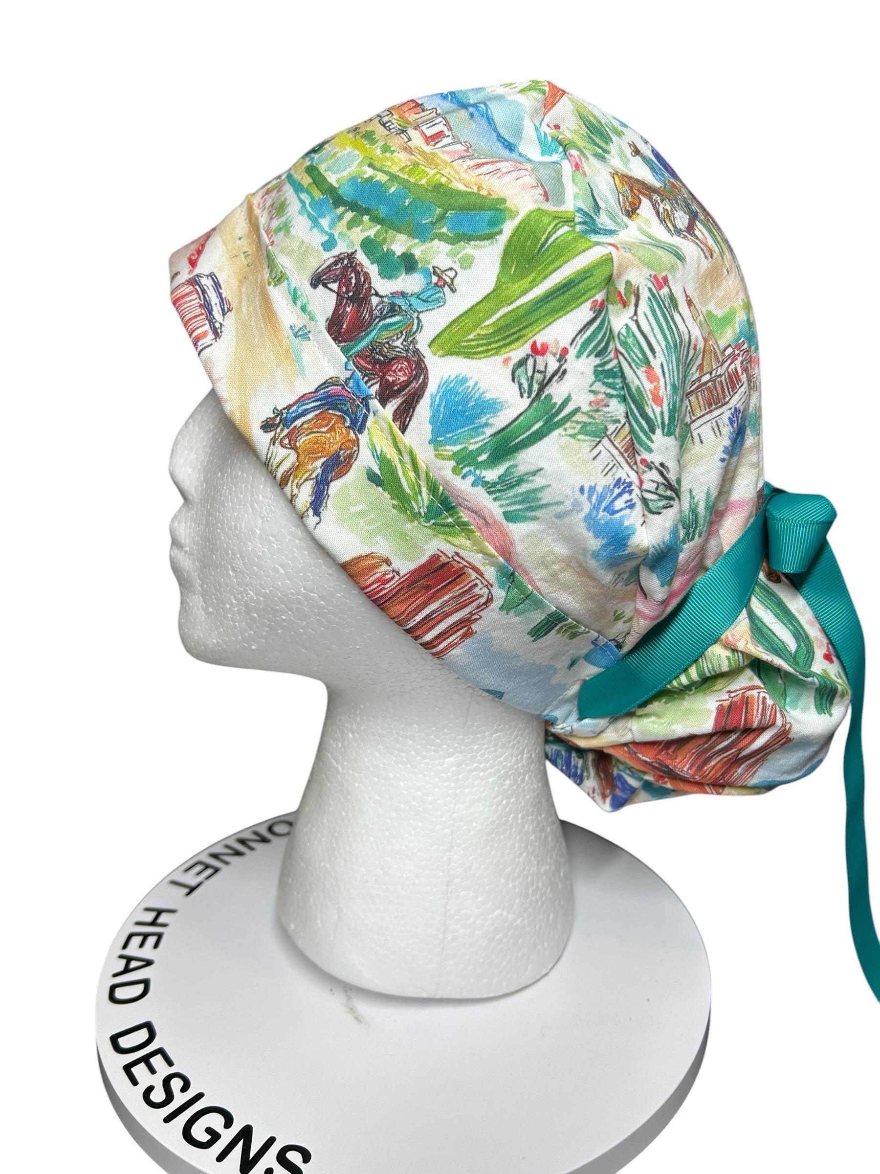 Western Watercolor ponytail scrub cap