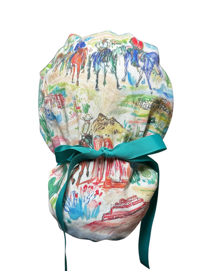 Western Watercolor ponytail scrub cap