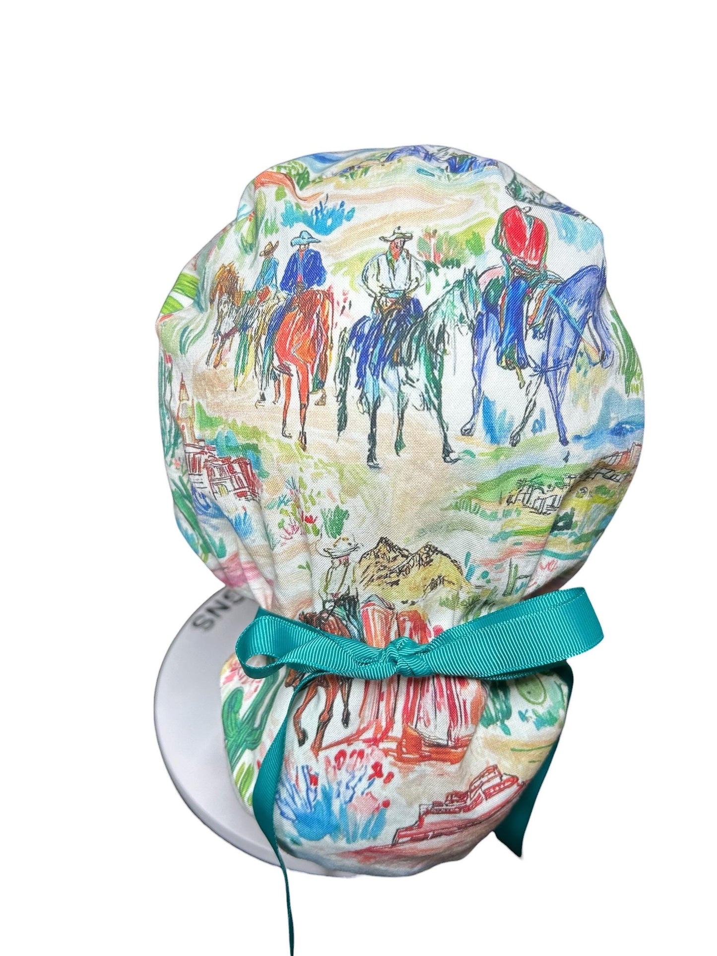 Western Watercolor ponytail scrub cap