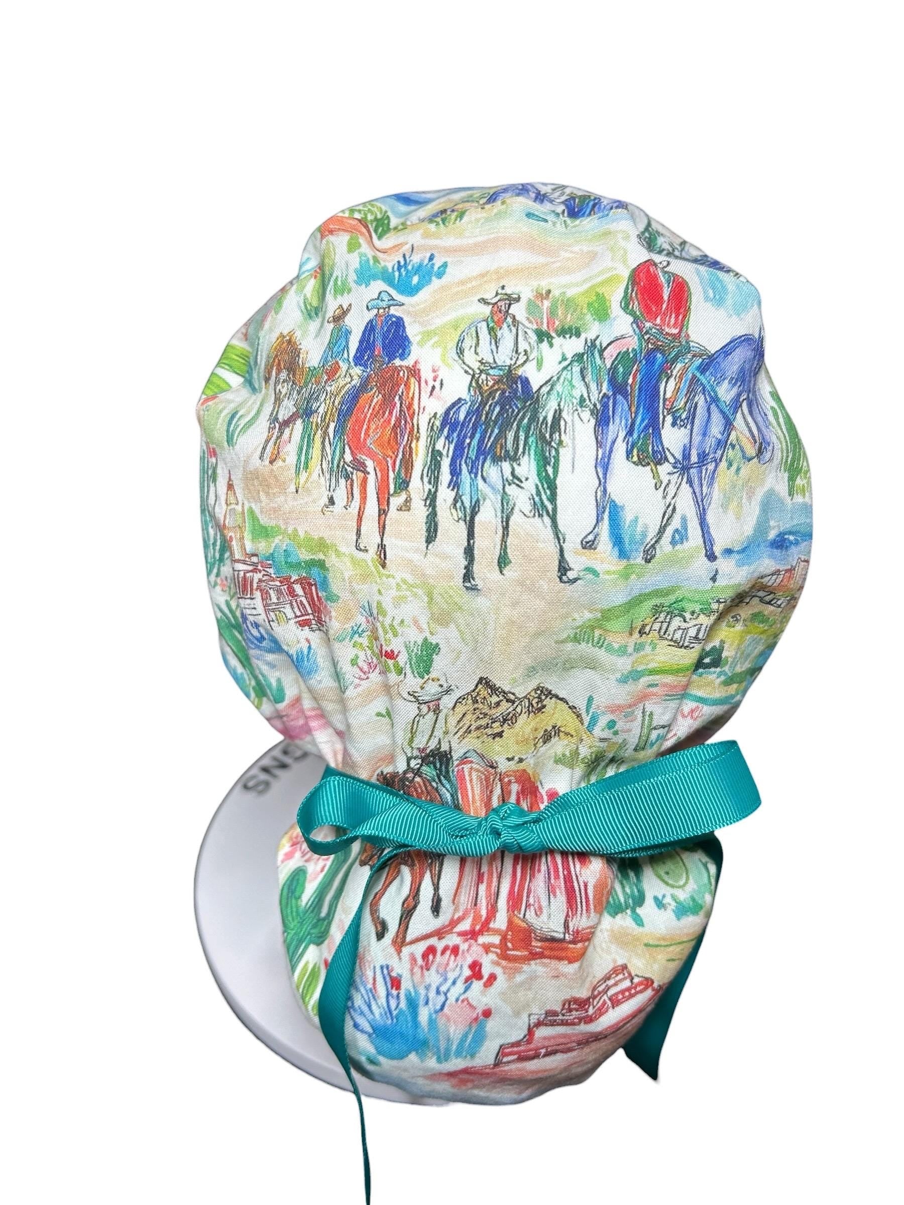 Western Watercolor ponytail scrub cap