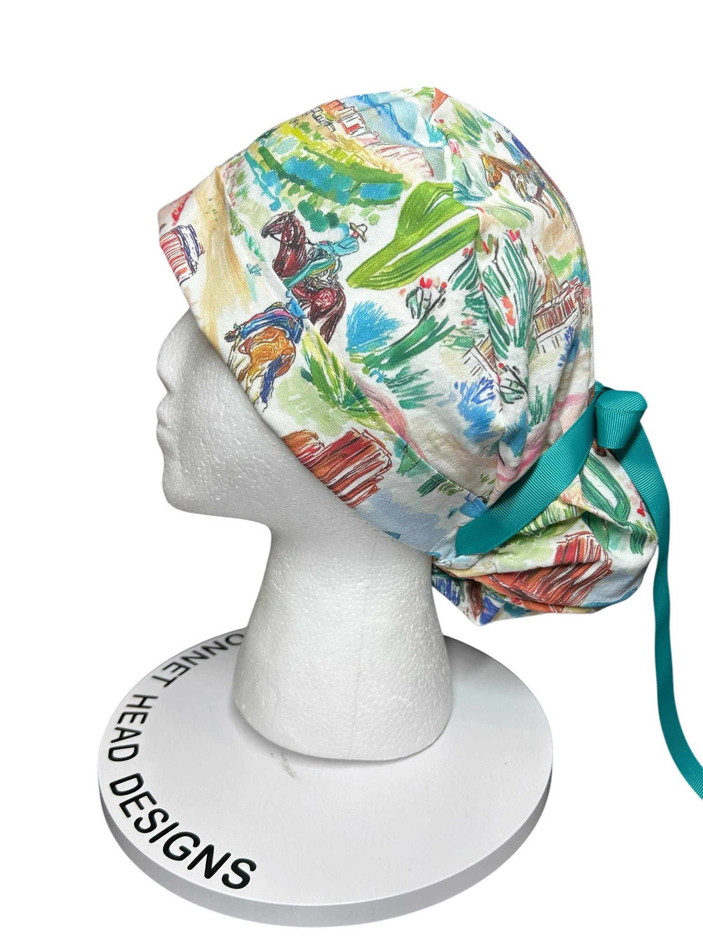 Western Watercolor ponytail scrub cap