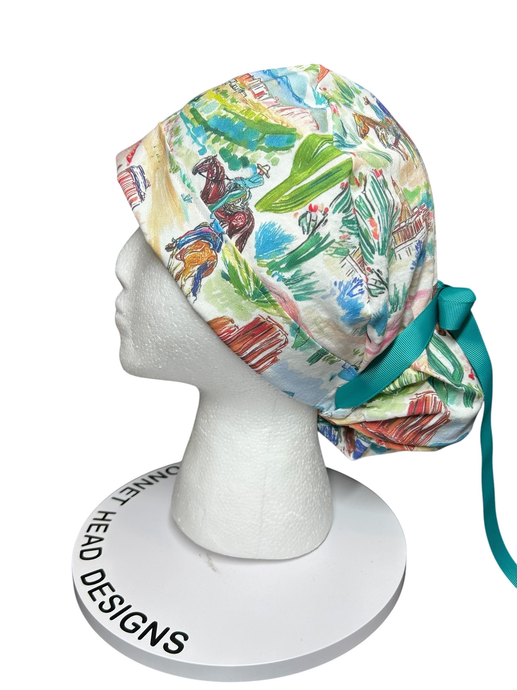 Western Watercolor ponytail scrub cap
