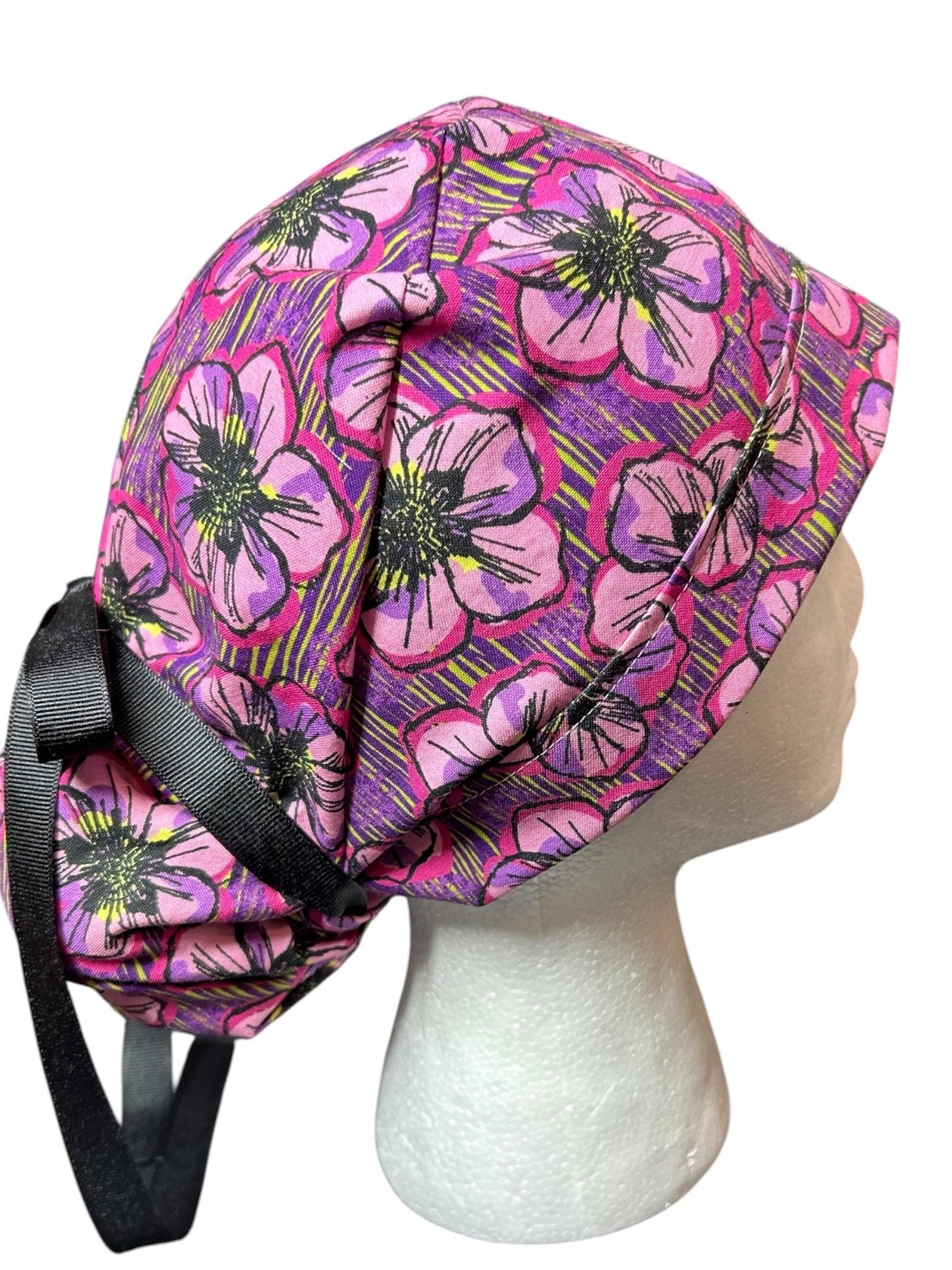 Purple Floral Ponytail Scrub Cap: Adjustable Cotton Scrub Hat