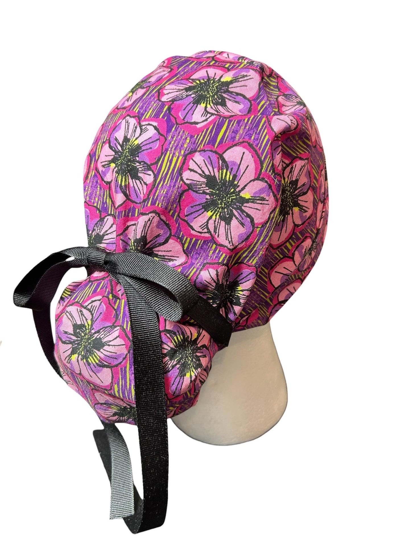 Purple Floral Ponytail Scrub Cap: Adjustable Cotton Scrub Hat