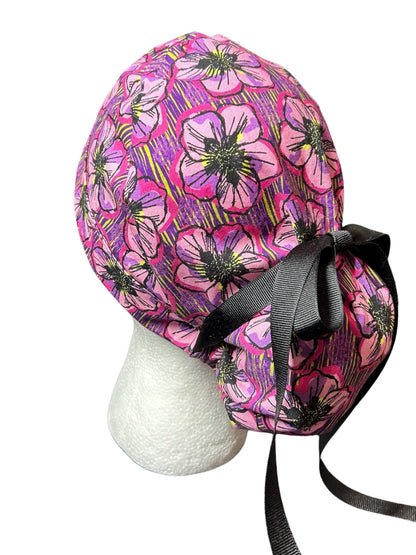 Purple Floral Ponytail Scrub Cap: Adjustable Cotton Scrub Hat