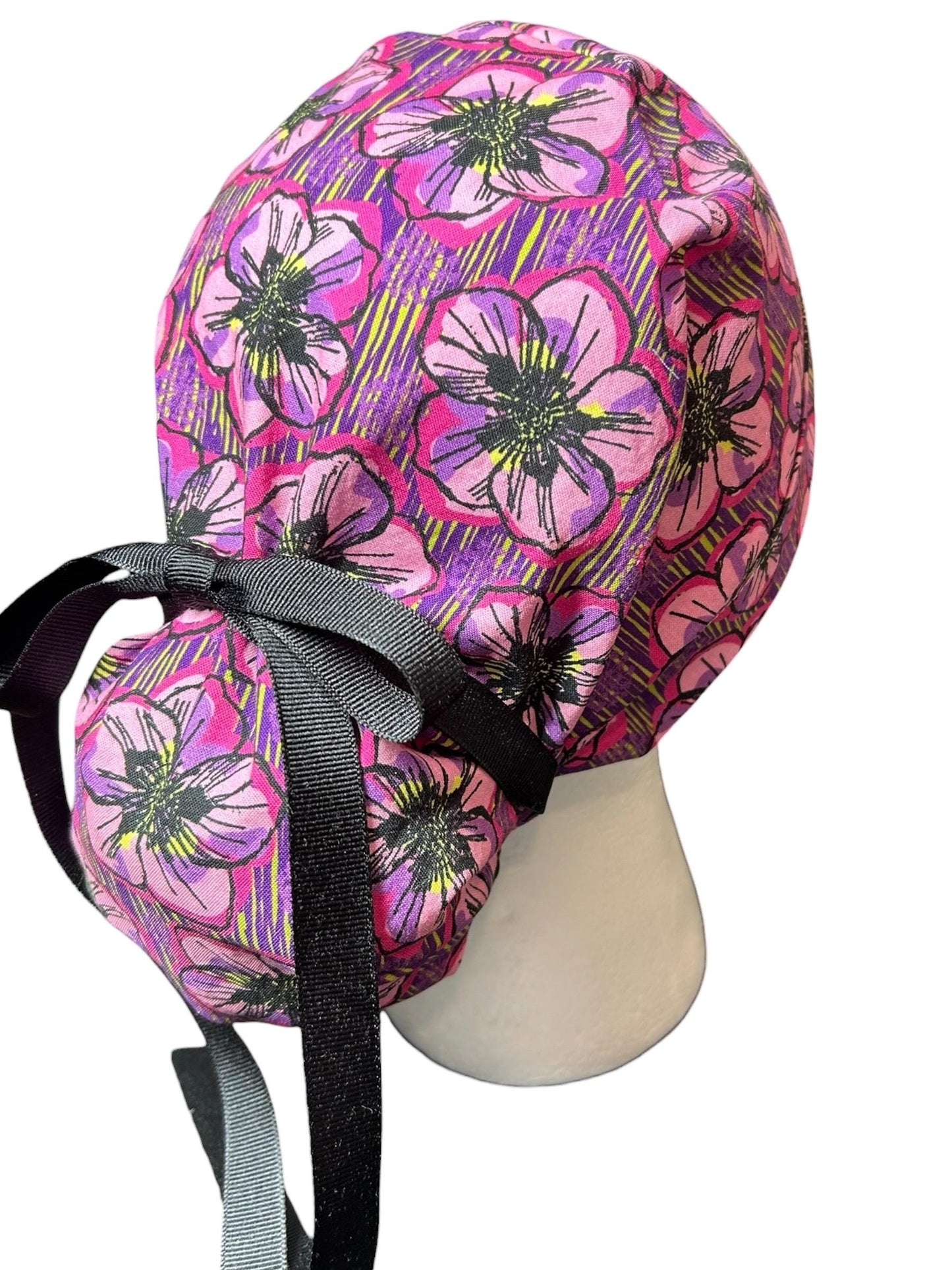 Purple Floral Ponytail Scrub Cap: Adjustable Cotton Scrub Hat
