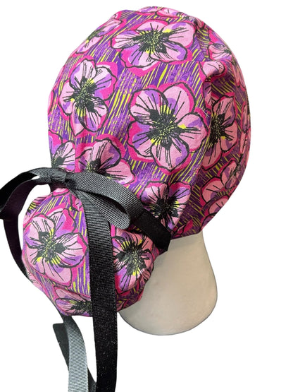 Purple Floral Ponytail Scrub Cap: Adjustable Cotton Scrub Hat