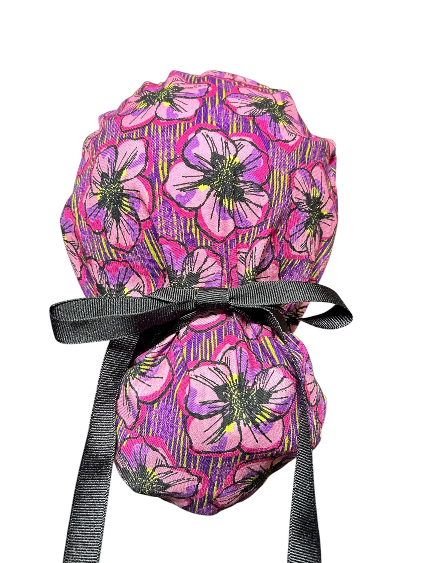 Purple Floral Ponytail Scrub Cap: Adjustable Cotton Scrub Hat