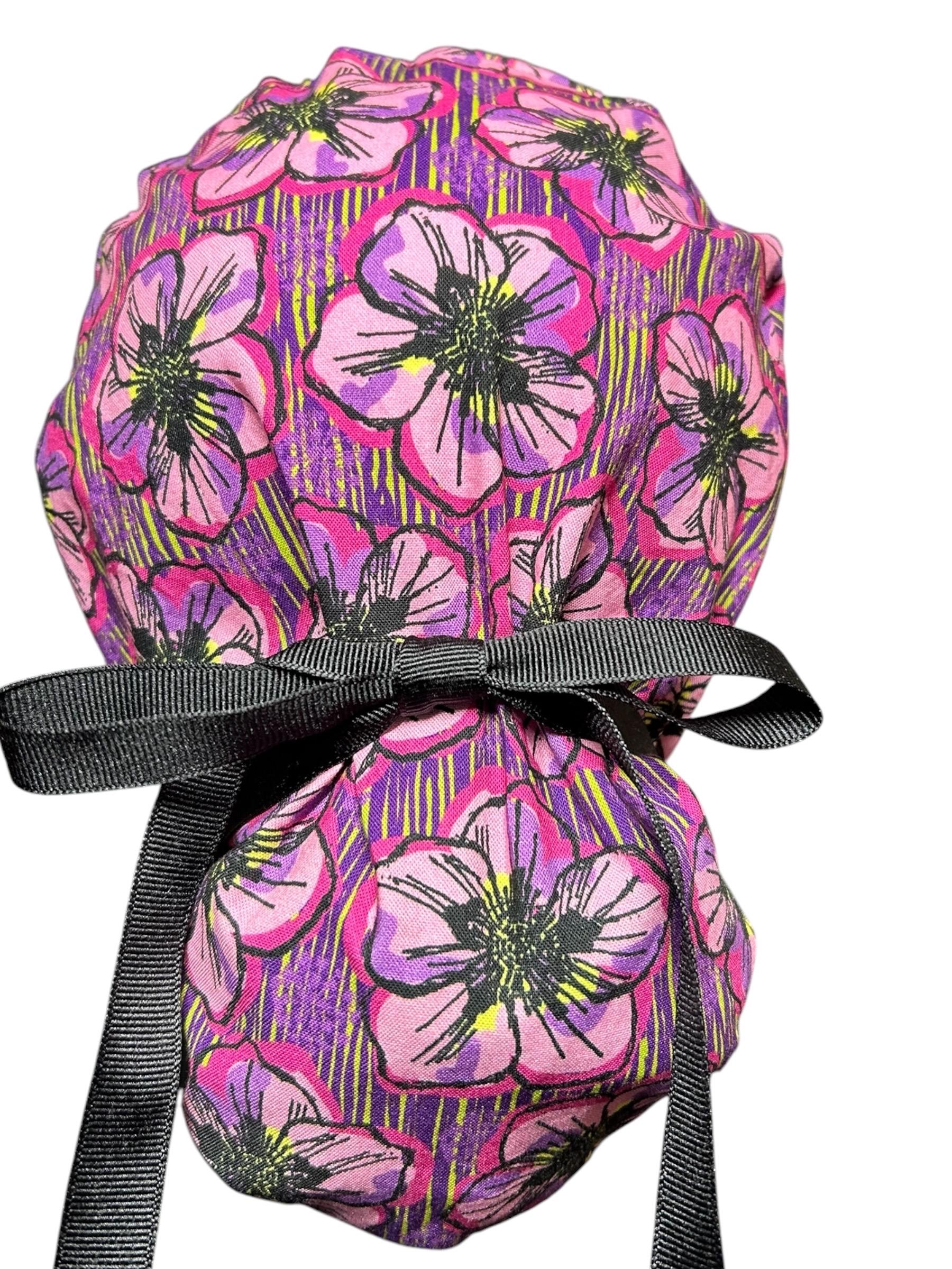 Purple Floral Ponytail Scrub Cap: Adjustable Cotton Scrub Hat