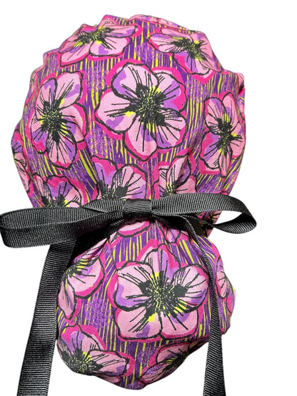 Purple Floral Ponytail Scrub Cap: Adjustable Cotton Scrub Hat