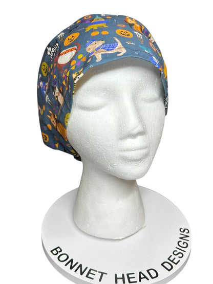 Euro scrub cap with toggle: Howl-ween fabric, dogs in costume