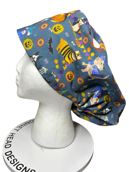 Euro scrub cap with toggle: Howl-ween fabric, dogs in costume