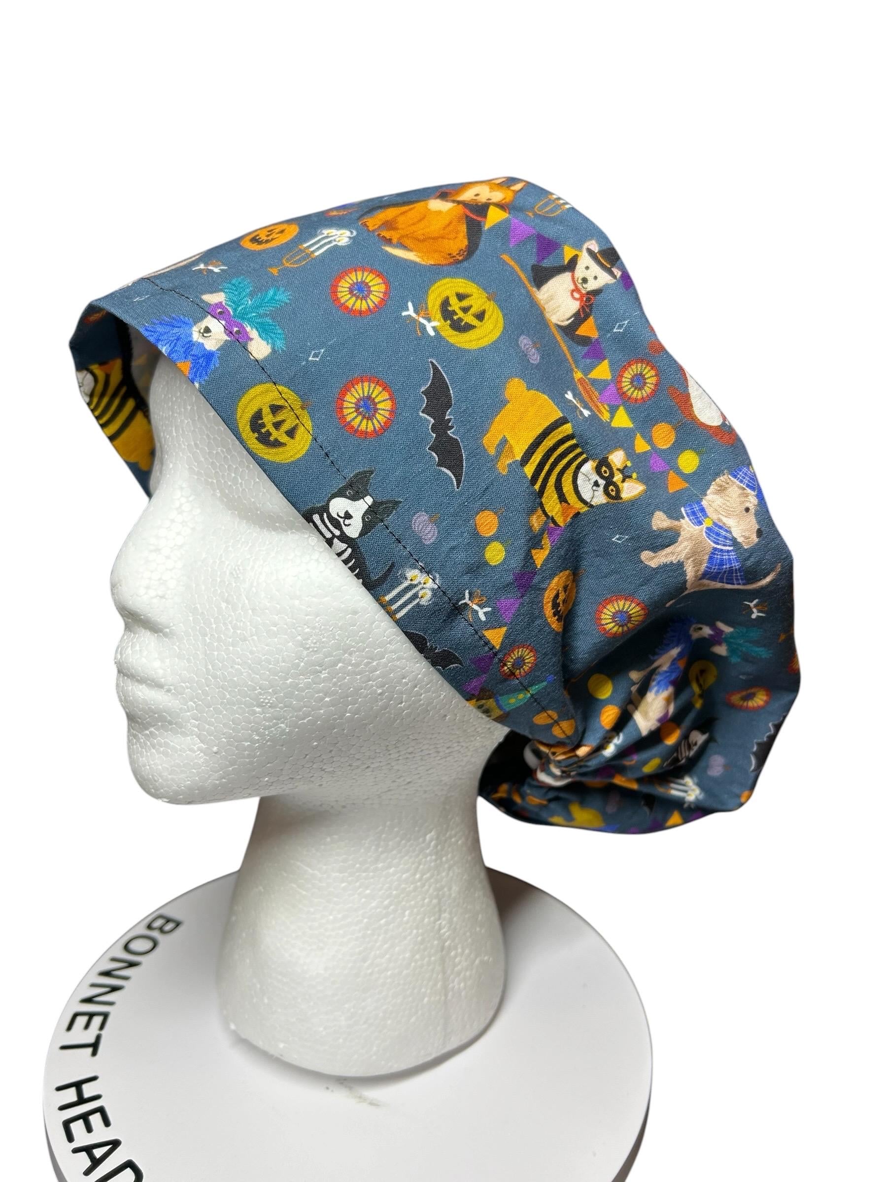 Euro scrub cap with toggle: Howl-ween fabric, dogs in costume