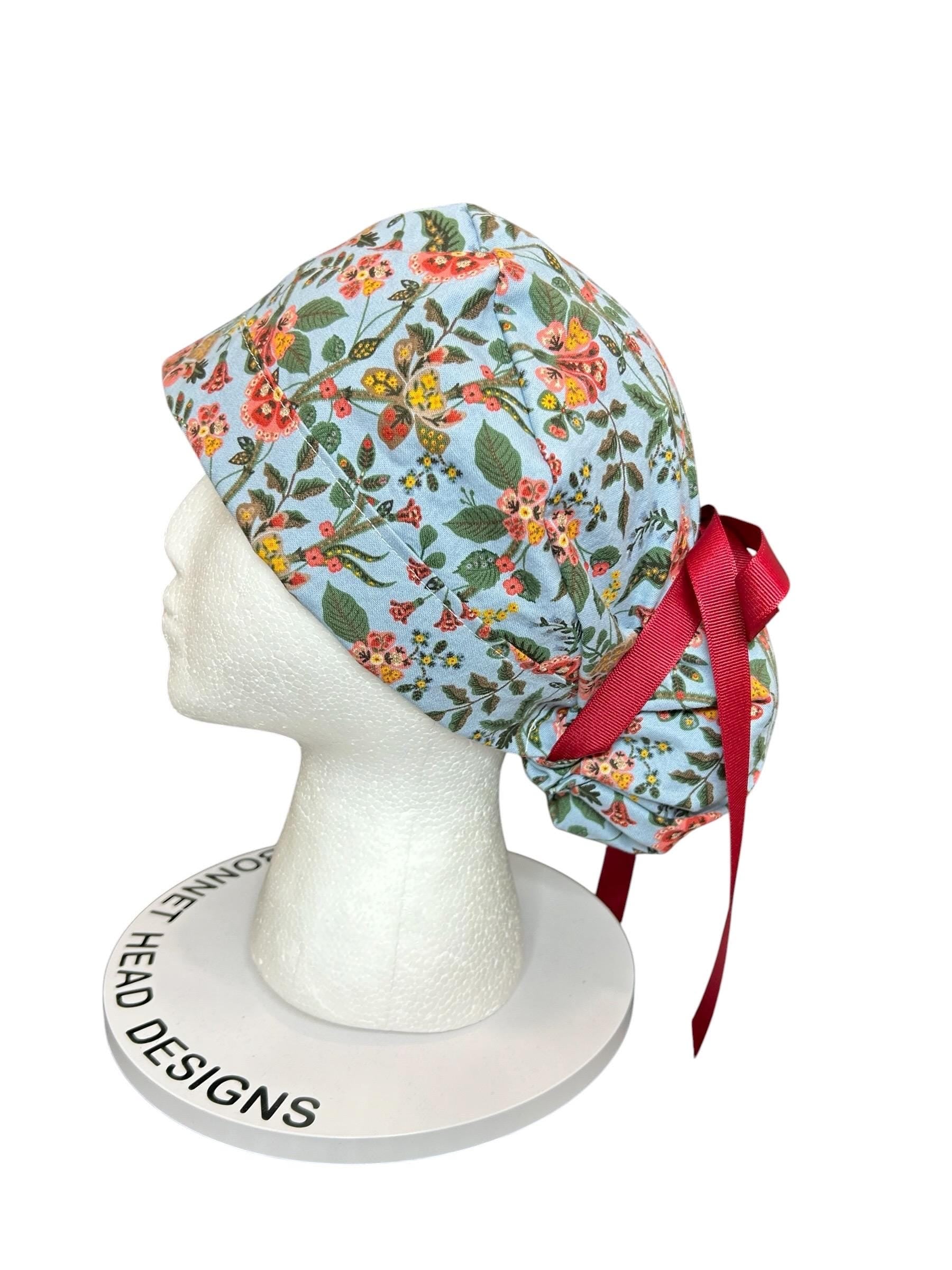 Ponytail Scrub Cap: Rifle Paper Co Gracie Blue Floral Nurse hat