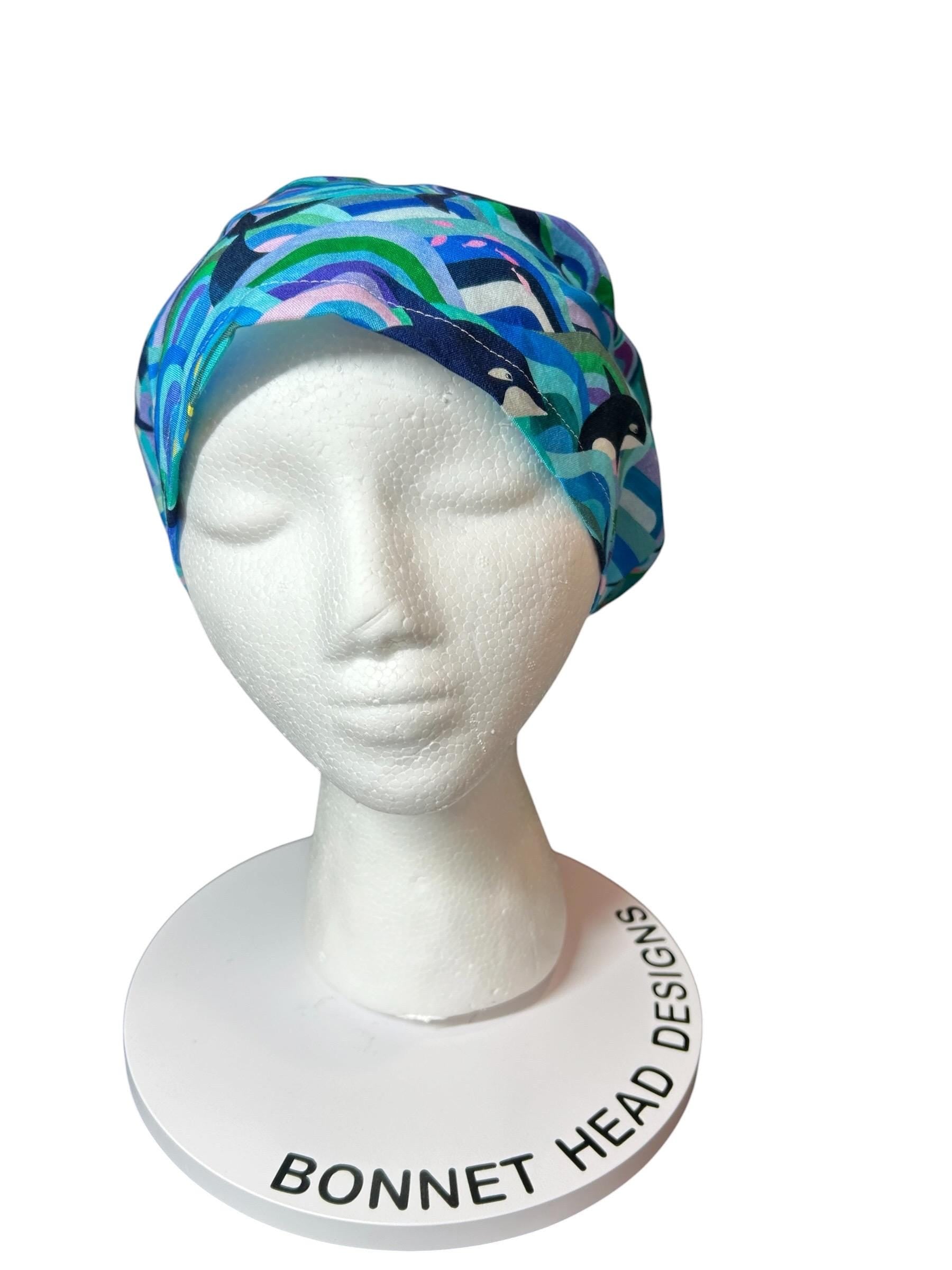 Euro Scrub Cap colorful orca whale print : Adjustable Toggle with elastic (Optional Satin Lining)