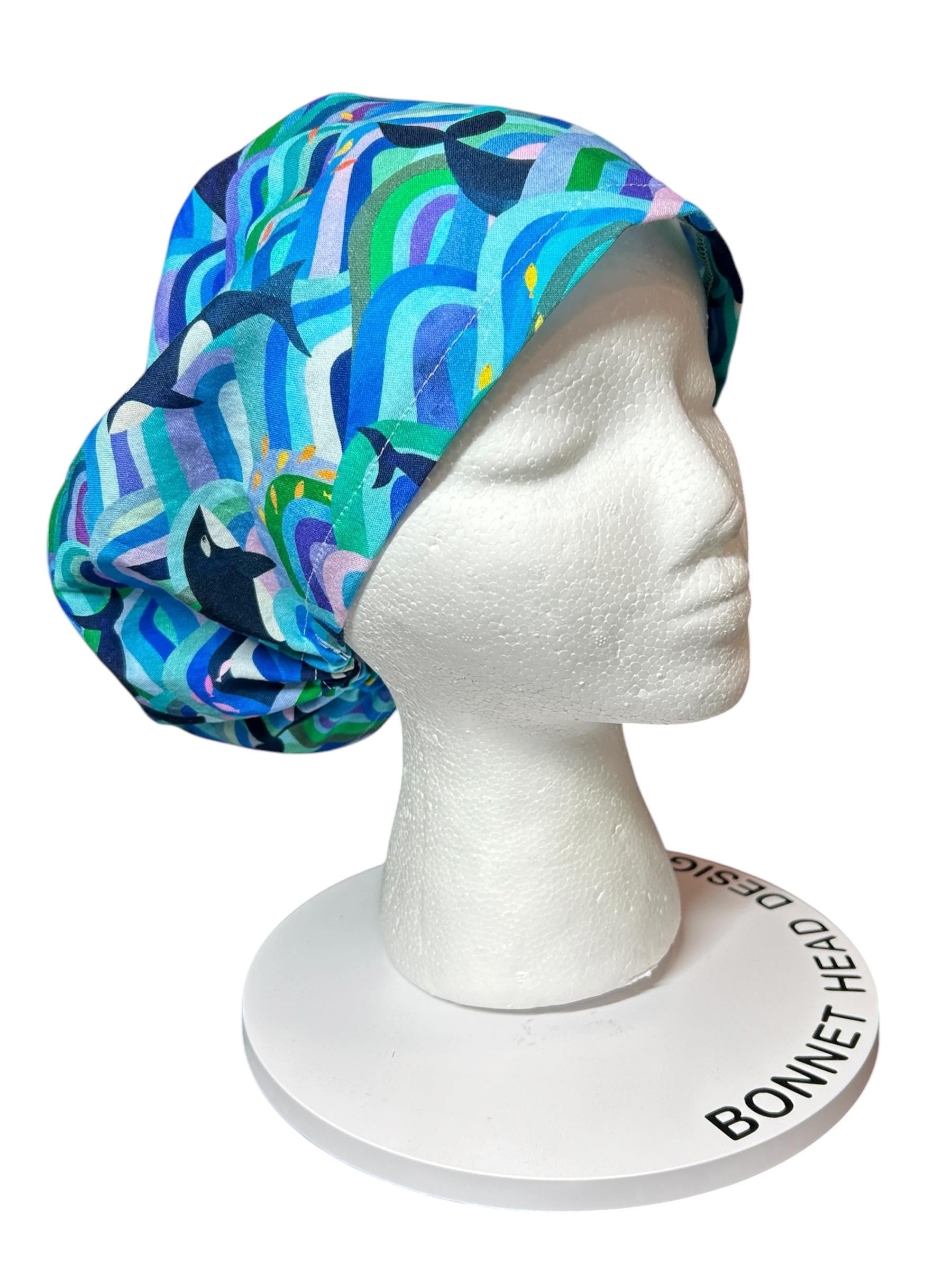 Euro Scrub Cap colorful orca whale print : Adjustable Toggle with elastic (Optional Satin Lining)