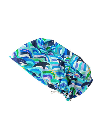 Euro Scrub Cap colorful orca whale print : Adjustable Toggle with elastic (Optional Satin Lining)