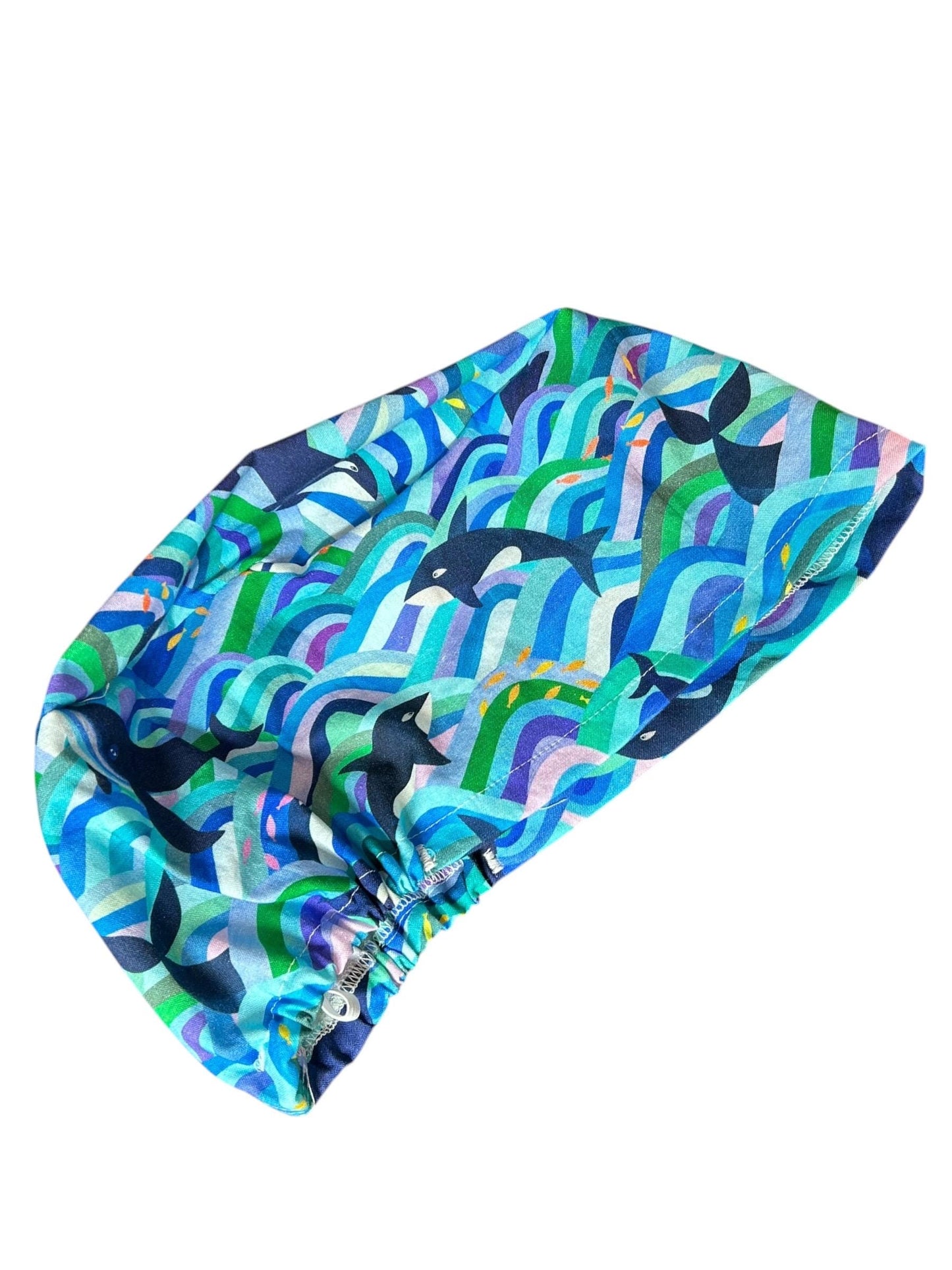 Euro Scrub Cap colorful orca whale print : Adjustable Toggle with elastic (Optional Satin Lining)
