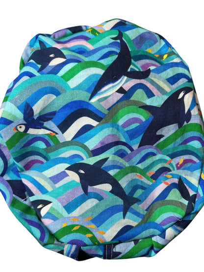 Euro Scrub Cap colorful orca whale print : Adjustable Toggle with elastic (Optional Satin Lining)