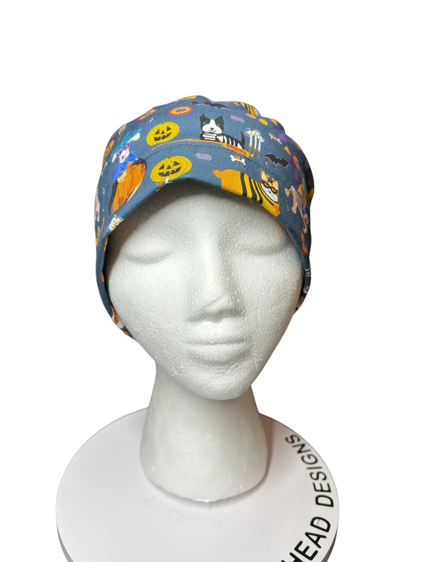 Howl-oween Dogs Scrub Cap| Halloween Costume Ponytail Hat with Adjustable Ribbon Ties | Medical Headwear