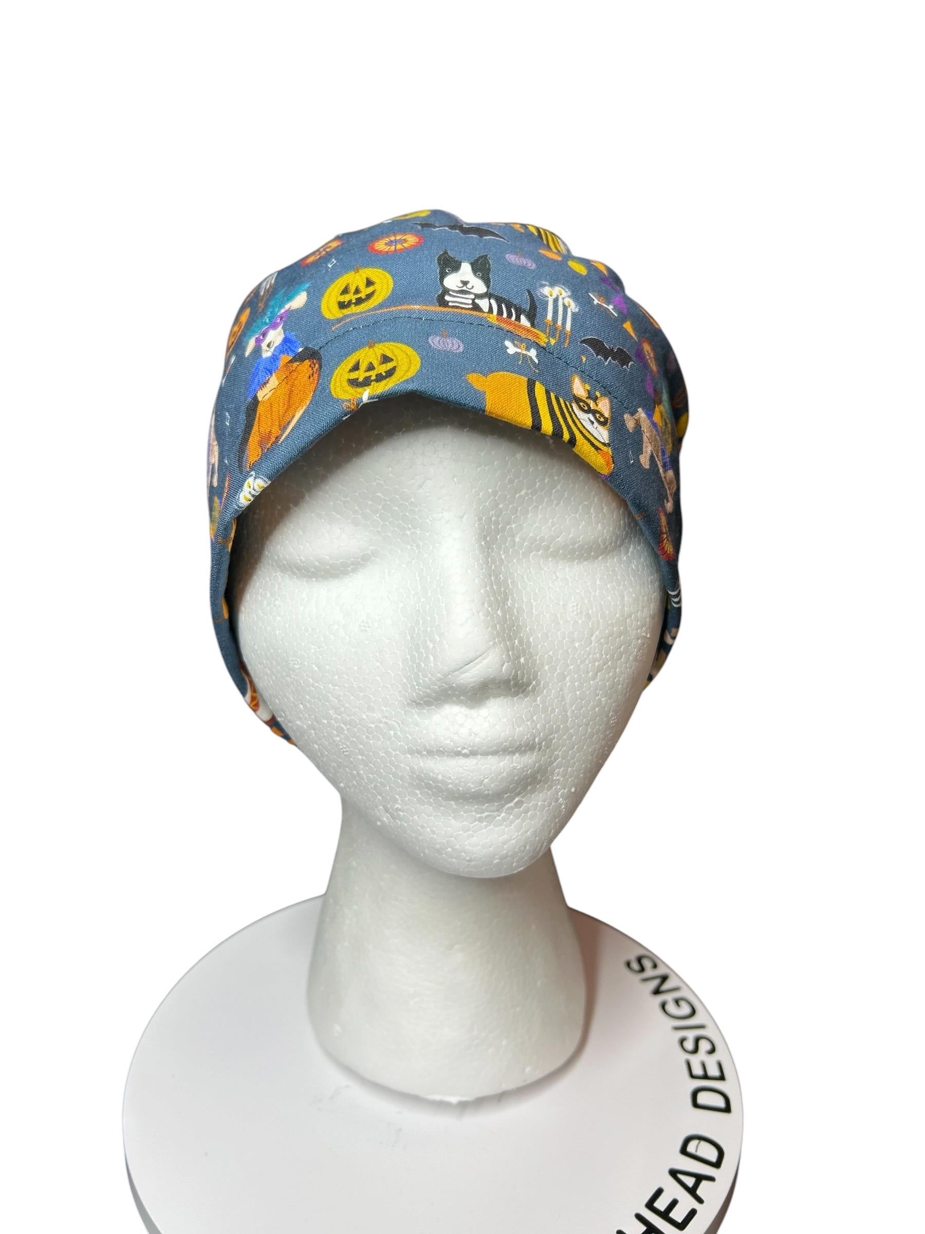 Howl-oween Dogs Scrub Cap| Halloween Costume Ponytail Hat with Adjustable Ribbon Ties | Medical Headwear