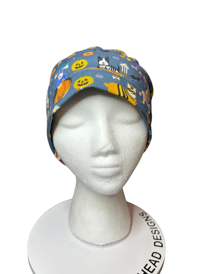 Howl-oween Dogs Scrub Cap| Halloween Costume Ponytail Hat with Adjustable Ribbon Ties | Medical Headwear