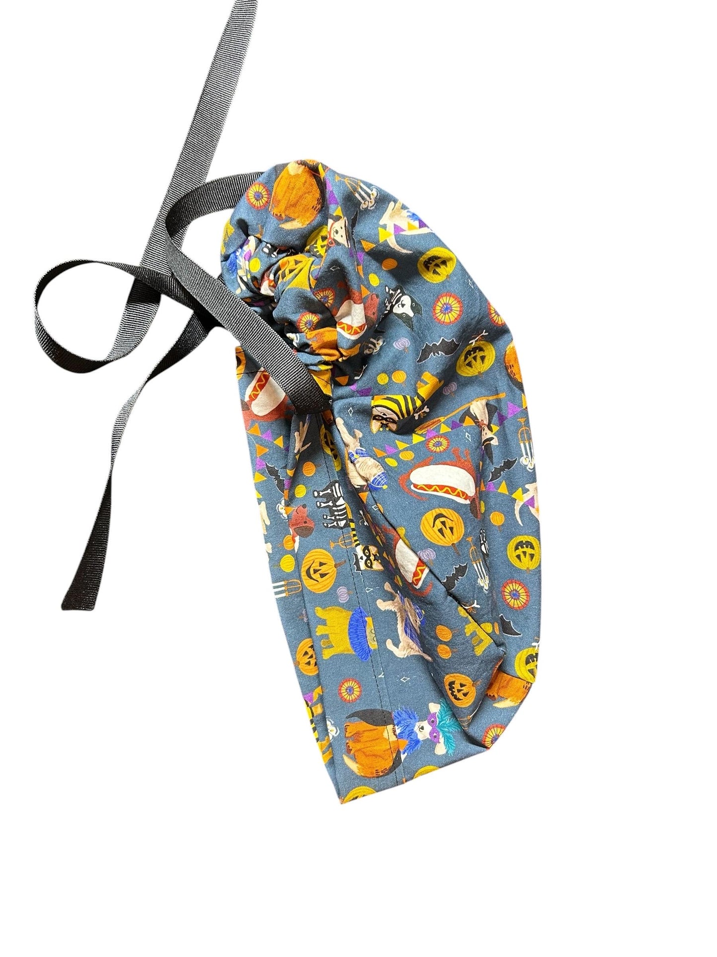 Howl-oween Dogs Scrub Cap| Halloween Costume Ponytail Hat with Adjustable Ribbon Ties | Medical Headwear