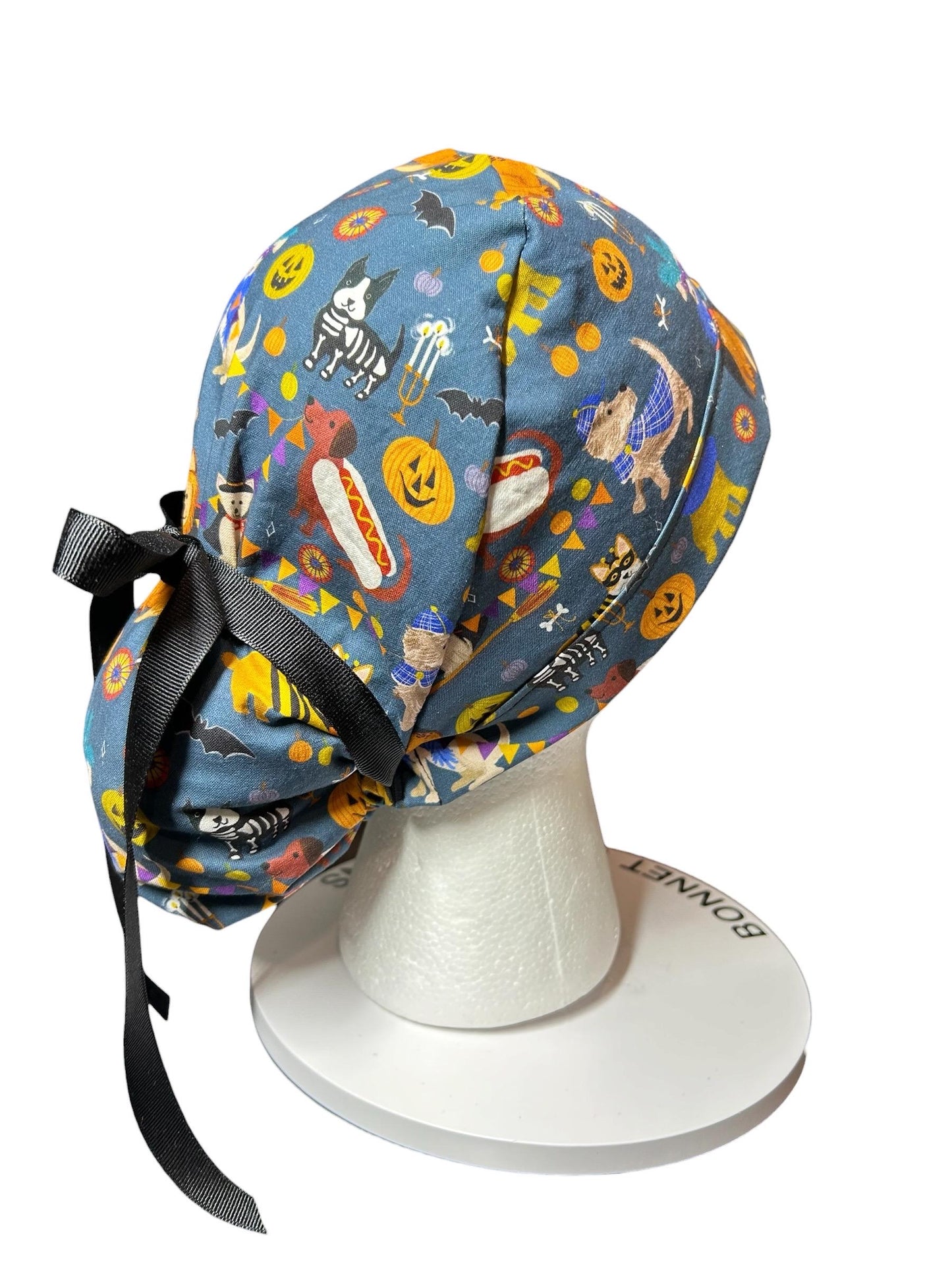 Howl-oween Dogs Scrub Cap| Halloween Costume Ponytail Hat with Adjustable Ribbon Ties | Medical Headwear