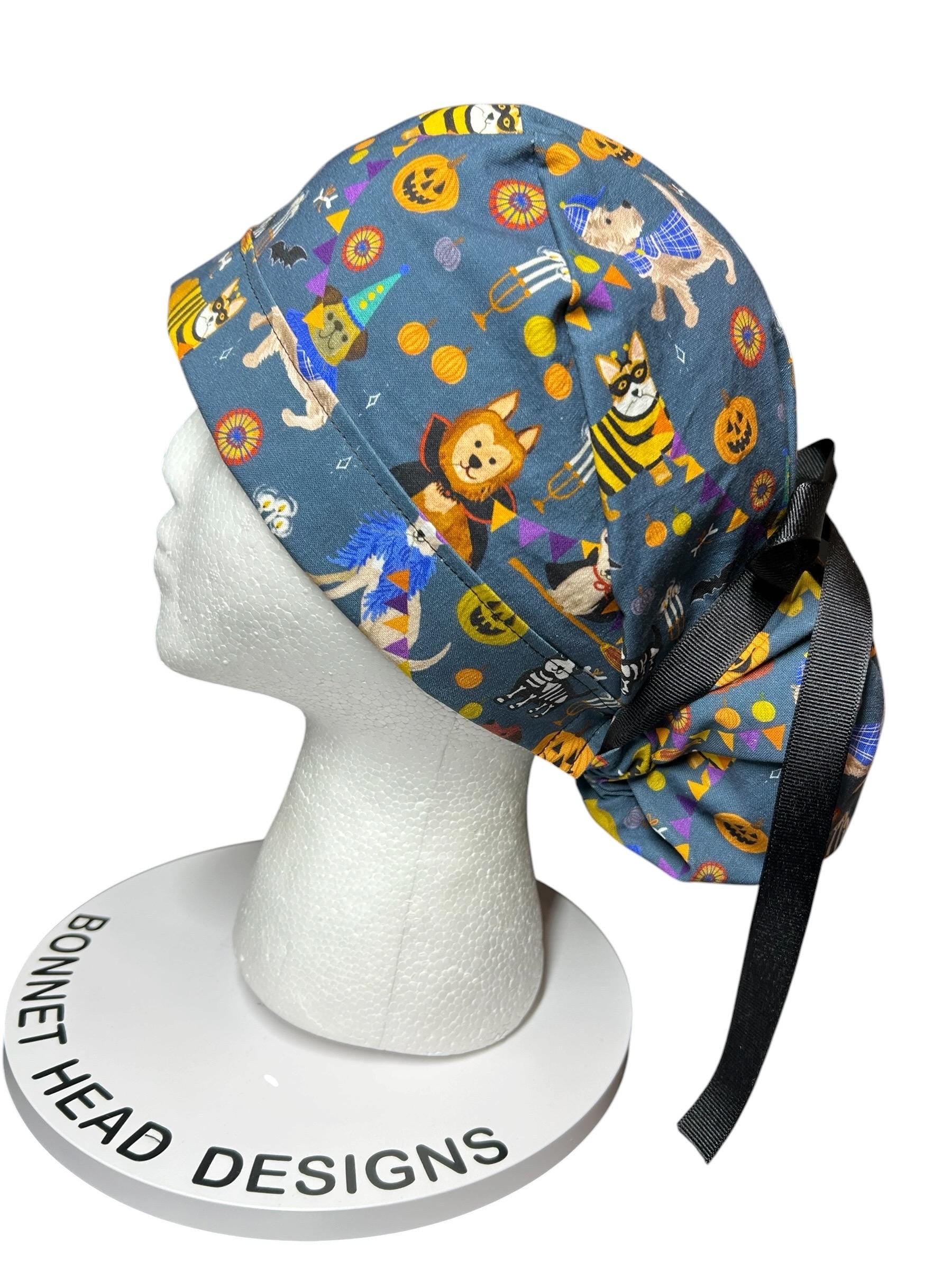Howl-oween Dogs Scrub Cap| Halloween Costume Ponytail Hat with Adjustable Ribbon Ties | Medical Headwear