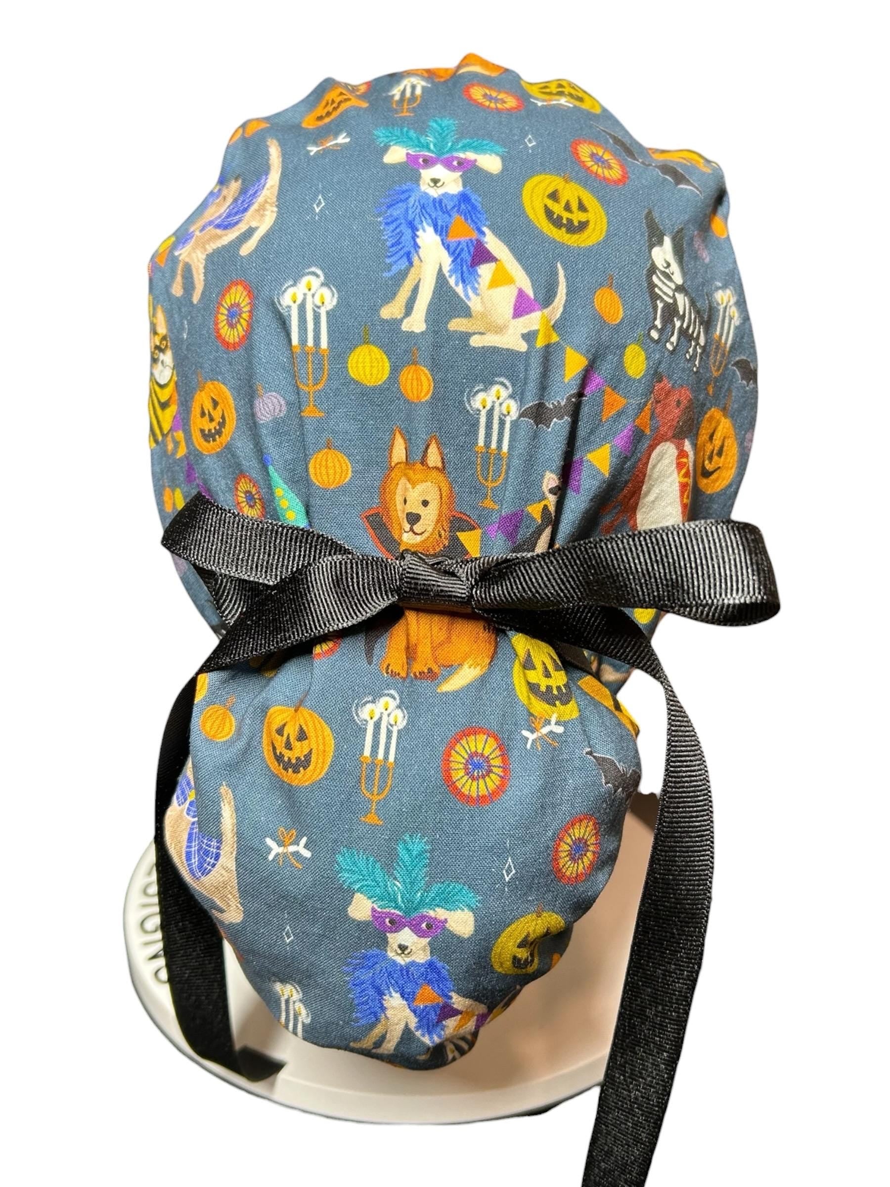 Howl-oween Dogs Scrub Cap| Halloween Costume Ponytail Hat with Adjustable Ribbon Ties | Medical Headwear