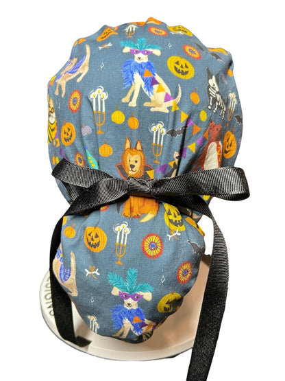 Howl-oween Dogs Scrub Cap| Halloween Costume Ponytail Hat with Adjustable Ribbon Ties | Medical Headwear