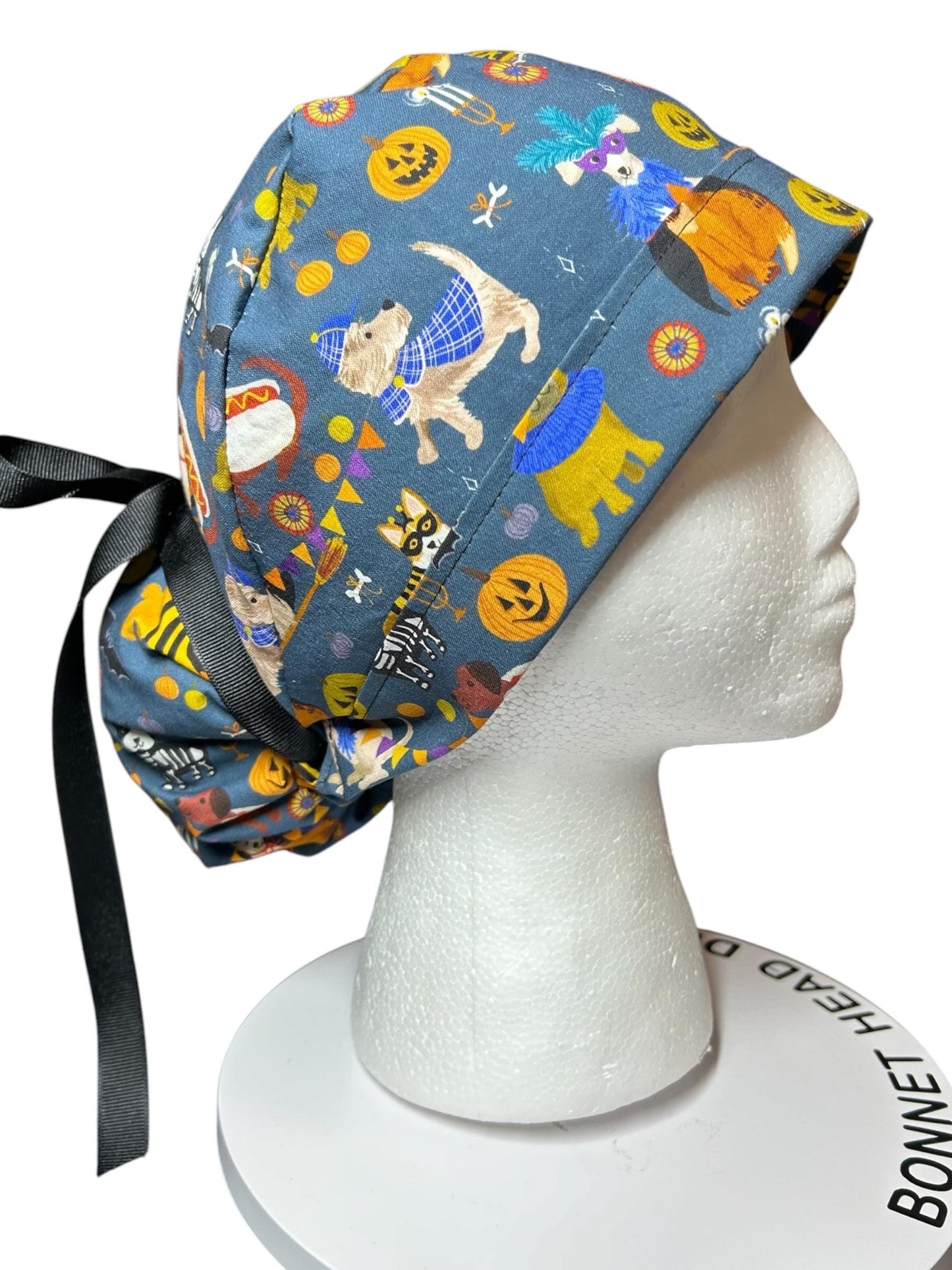 Howl-oween Dogs Scrub Cap| Halloween Costume Ponytail Hat with Adjustable Ribbon Ties | Medical Headwear