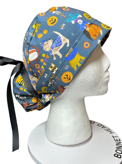 Howl-oween Dogs Scrub Cap| Halloween Costume Ponytail Hat with Adjustable Ribbon Ties | Medical Headwear